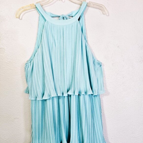 ZESICA Women's Aqua Blue Feminine Halter Neck Midi Dress Size L Tiered Chiffon - Picture 3 of 6